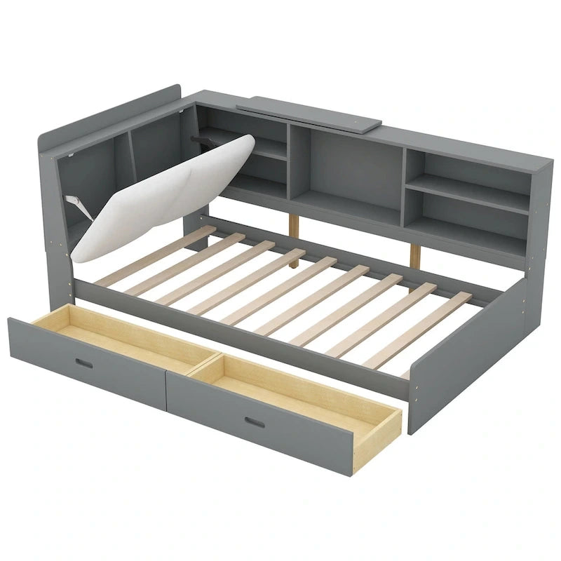 King Size Upholstered Bed with Storage Headboard and Trundle