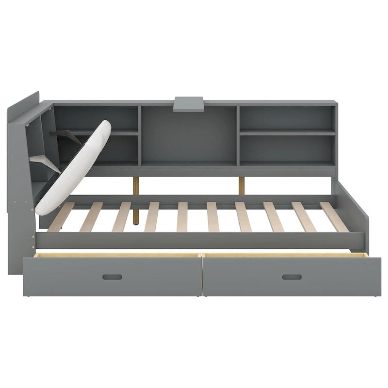 King Size Upholstered Bed with Storage Headboard and Trundle