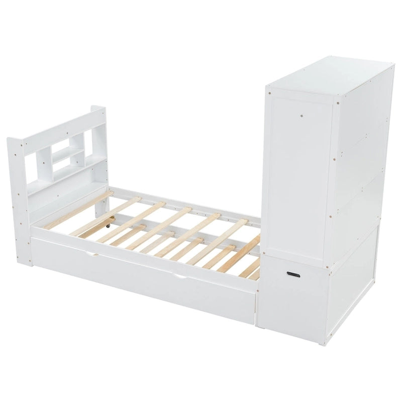 Twin Platform Bed with Storage Headboard, Pull-Out Shelves, and Trundle