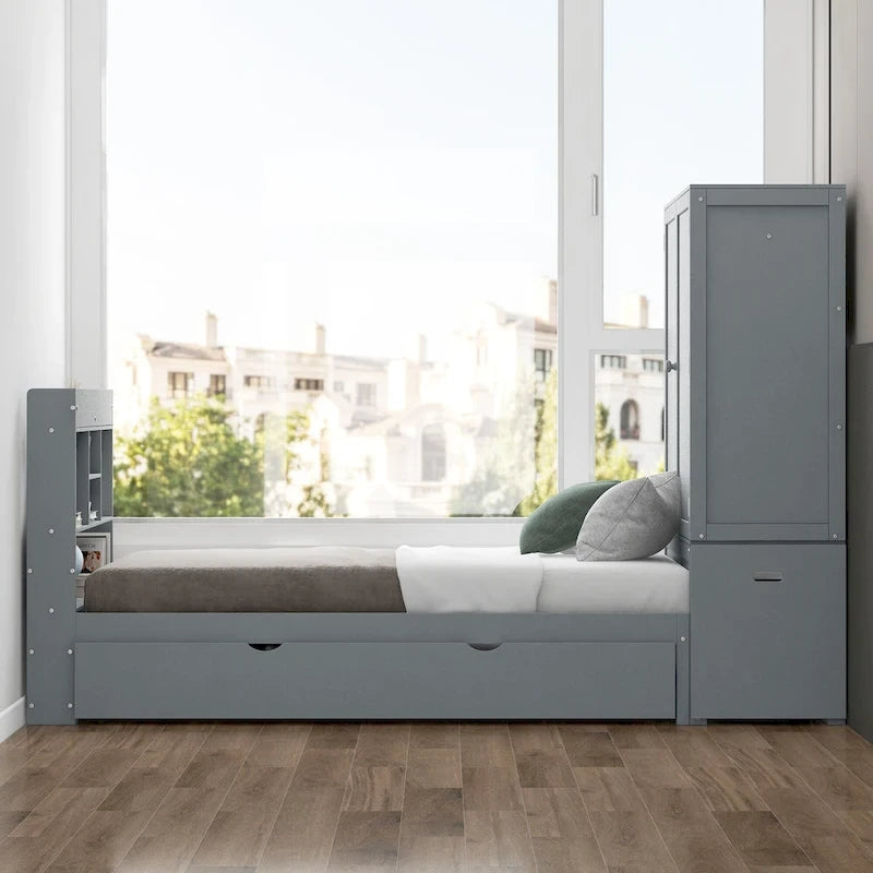 Twin Platform Bed with Storage Headboard, Pull-Out Shelves, and Trundle