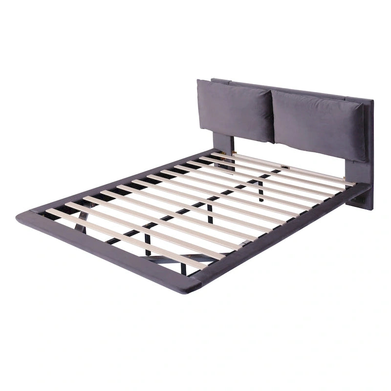 Queen Velvet Floating Platform Bed with Sensor Light