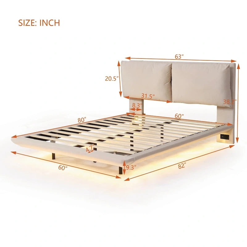Queen Velvet Floating Platform Bed with Sensor Light