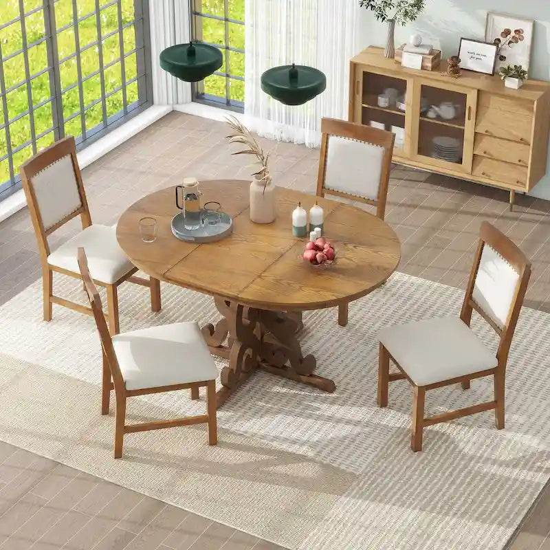 5-Piece Wooden Dining Table Set with Extendable Table & 4 Chairs