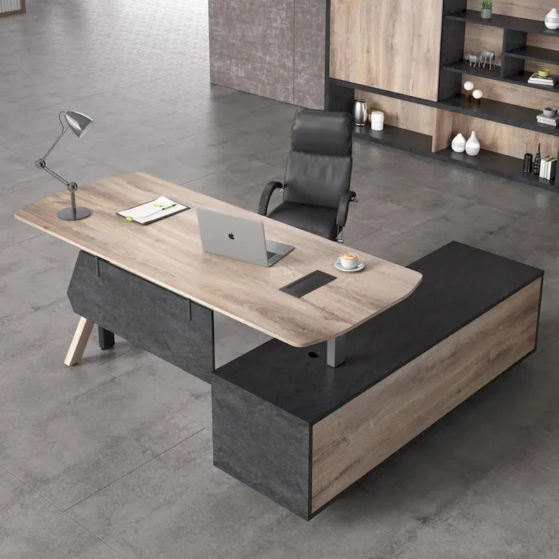 Adjustable L Shape Executive Desk With Shelves Drawers Memory Controller Height Adjustment