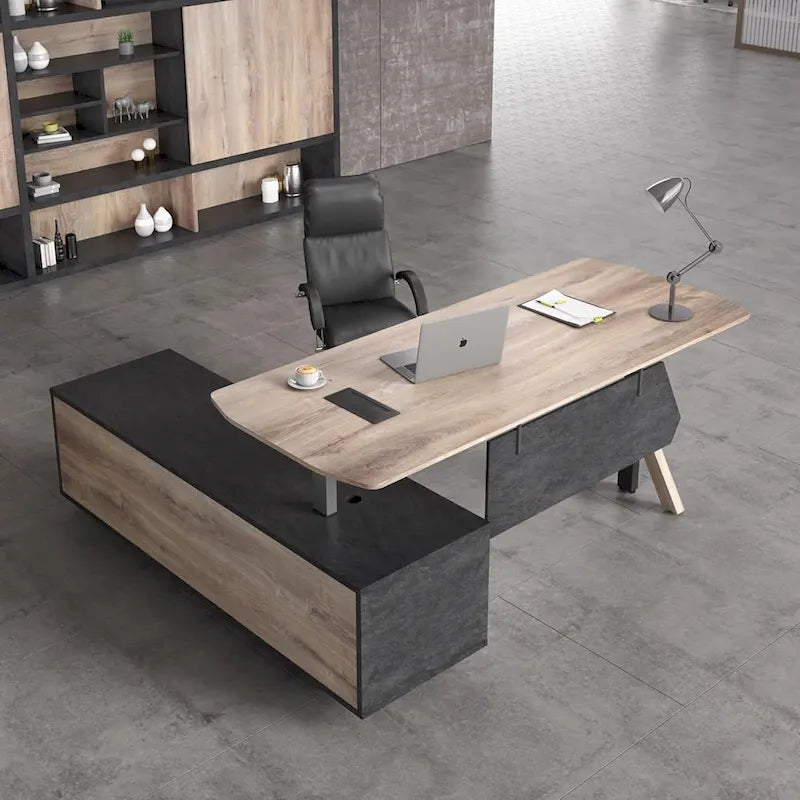 Adjustable L Shape Executive Desk With Shelves Drawers Memory Controller Height Adjustment