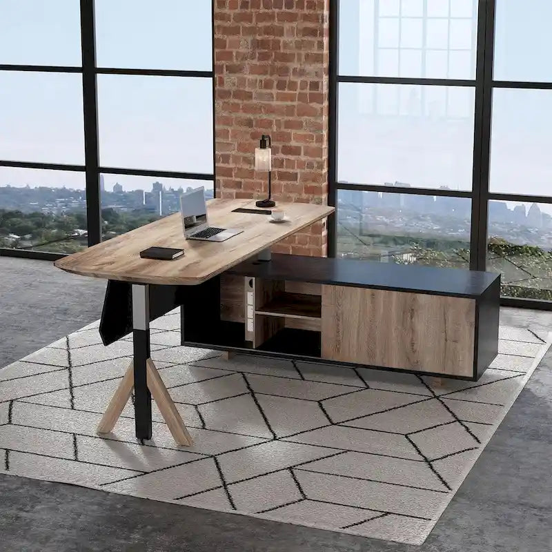 Adjustable L Shape Executive Desk With Shelves Drawers Memory Controller Height Adjustment