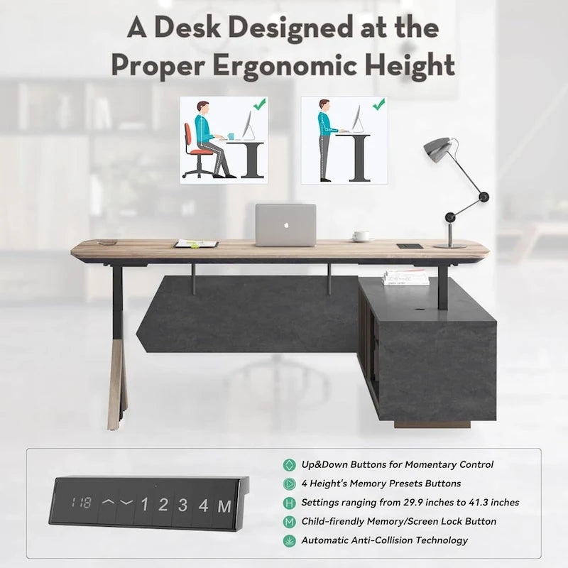Adjustable L Shape Executive Desk With Shelves Drawers Memory Controller Height Adjustment