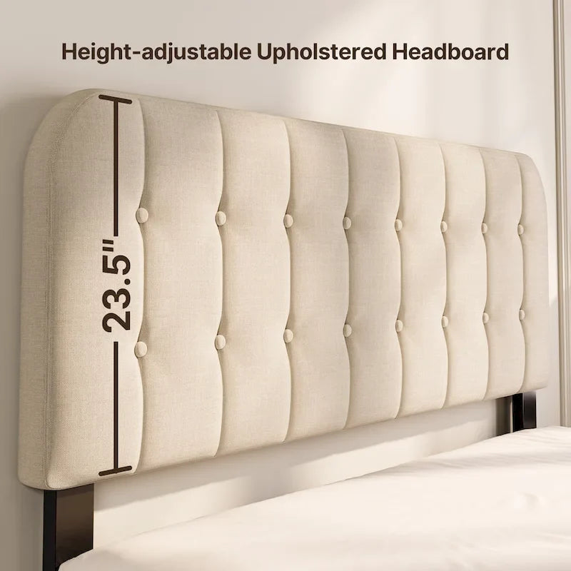 Full / Queen / King Bed Frame with Headboard, Upholstered Platform Bed with Sturdy Wooden Slats