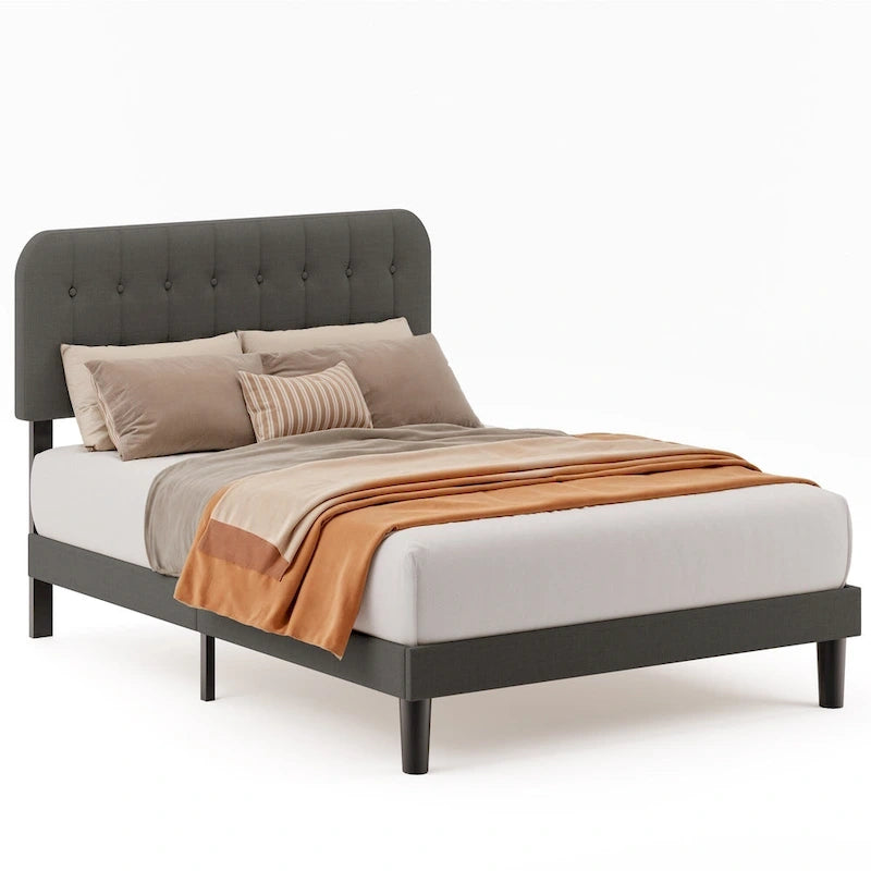 Full / Queen / King Bed Frame with Headboard, Upholstered Platform Bed with Sturdy Wooden Slats