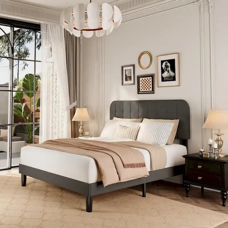 Full / Queen / King Bed Frame with Headboard, Upholstered Platform Bed with Sturdy Wooden Slats