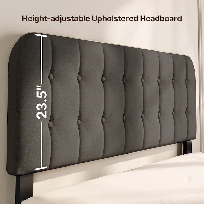Full / Queen / King Bed Frame with Headboard, Upholstered Platform Bed with Sturdy Wooden Slats