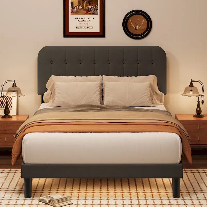 Full / Queen / King Bed Frame with Headboard, Upholstered Platform Bed with Sturdy Wooden Slats
