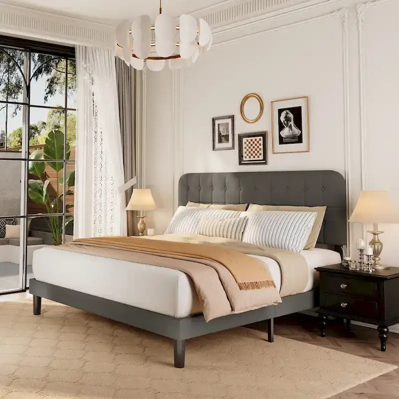 Full / Queen / King Bed Frame with Headboard, Upholstered Platform Bed with Sturdy Wooden Slats