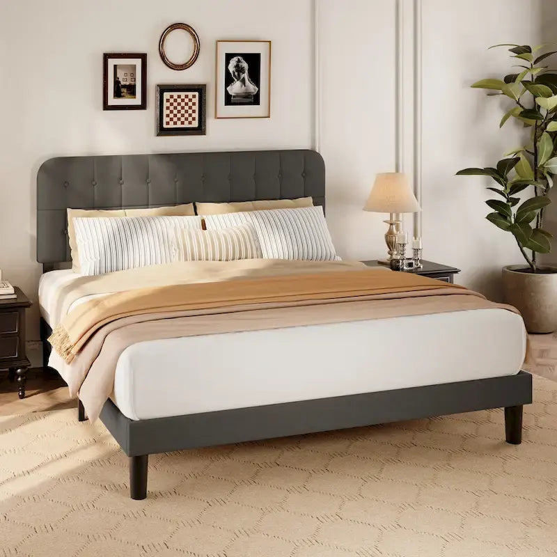Full / Queen / King Bed Frame with Headboard, Upholstered Platform Bed with Sturdy Wooden Slats
