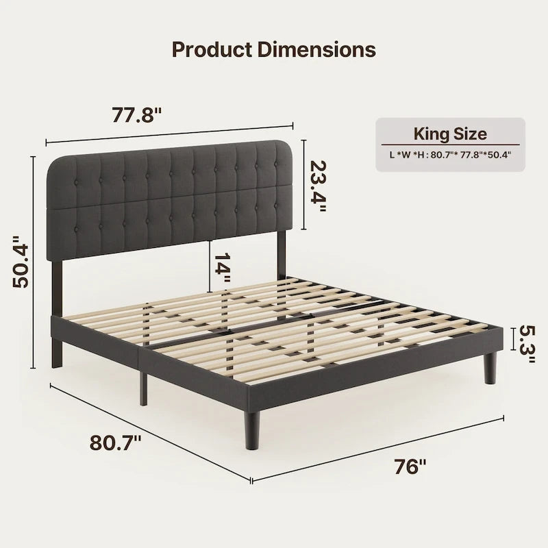 Full / Queen / King Bed Frame with Headboard, Upholstered Platform Bed with Sturdy Wooden Slats
