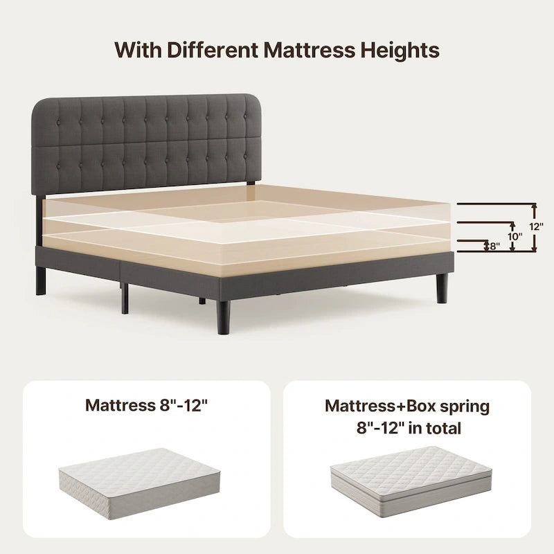 Full / Queen / King Bed Frame with Headboard, Upholstered Platform Bed with Sturdy Wooden Slats