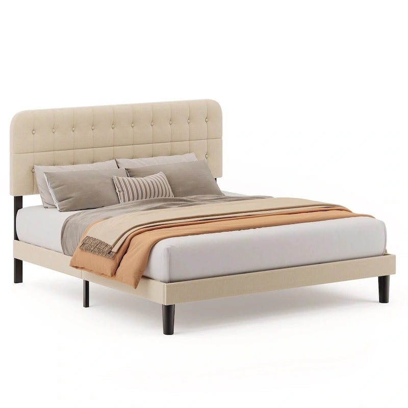 Full / Queen / King Bed Frame with Headboard, Upholstered Platform Bed with Sturdy Wooden Slats