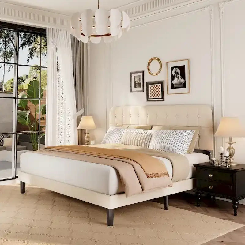 Full / Queen / King Bed Frame with Headboard, Upholstered Platform Bed with Sturdy Wooden Slats
