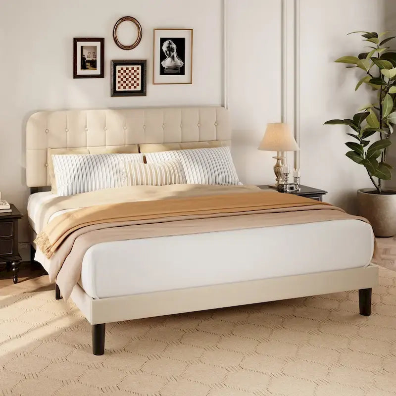 Full / Queen / King Bed Frame with Headboard, Upholstered Platform Bed with Sturdy Wooden Slats