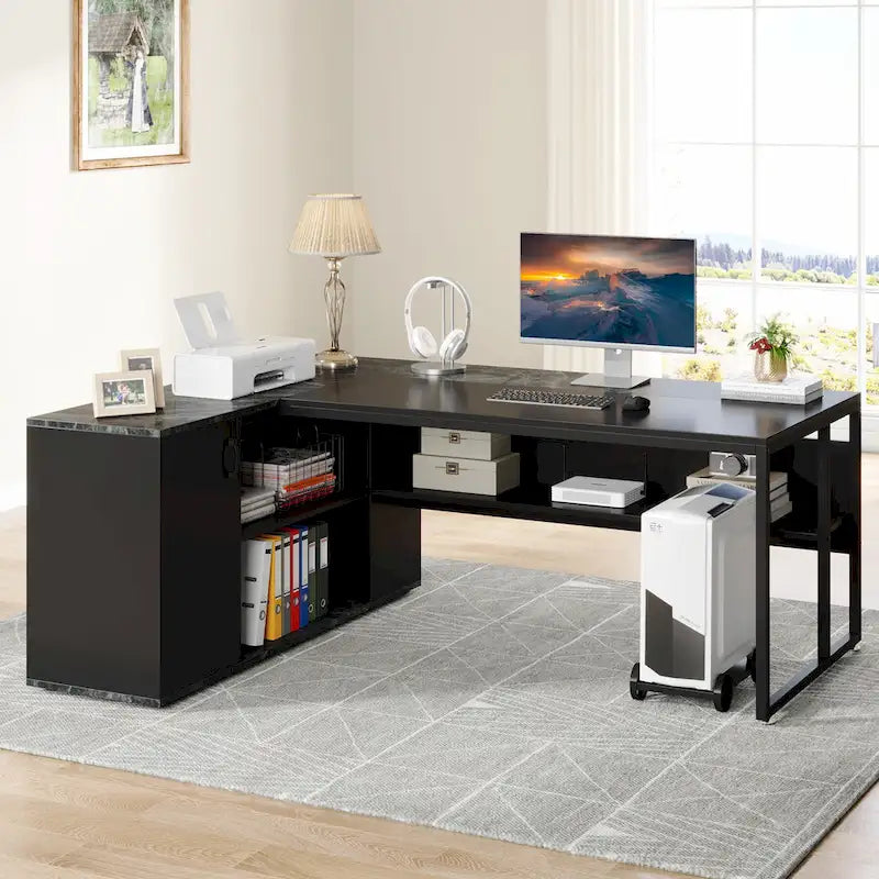 71 inch Executive Desk, L Shaped Desk with Cabinet and Shelves for Home Office