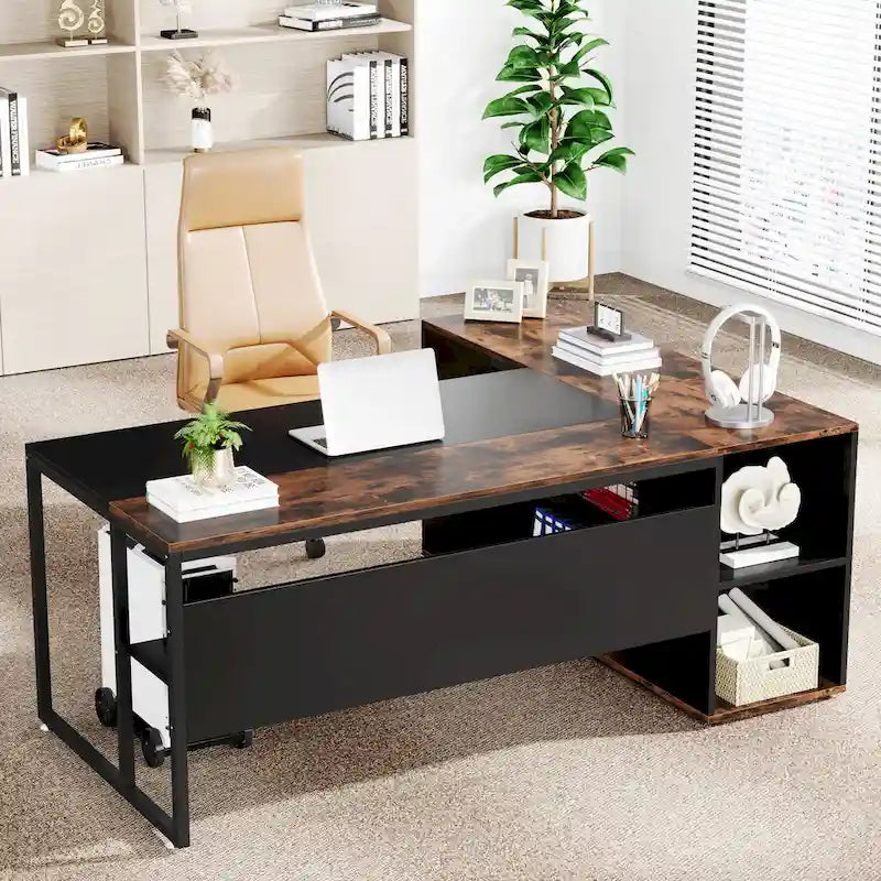 71 inch Executive Desk, L Shaped Desk with Cabinet and Shelves for Home Office