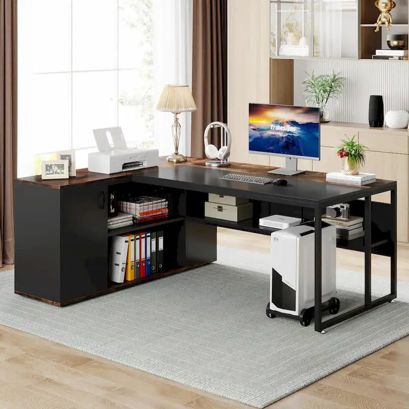 71 inch Executive Desk, L Shaped Desk with Cabinet and Shelves for Home Office