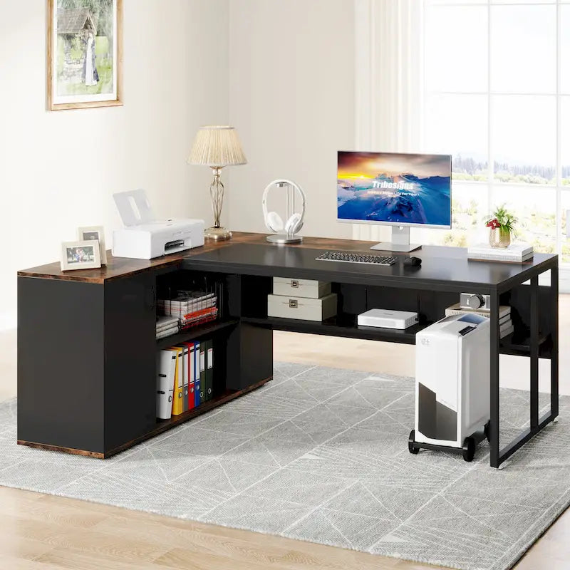 71 inch Executive Desk, L Shaped Desk with Cabinet and Shelves for Home Office