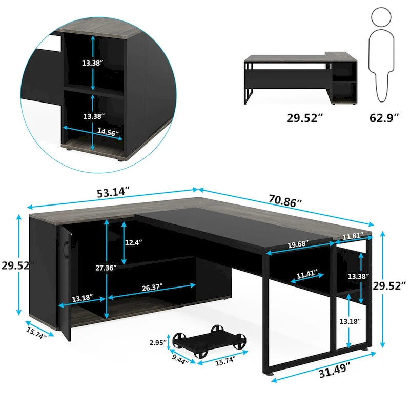 71 inch Executive Desk, L Shaped Desk with Cabinet and Shelves for Home Office