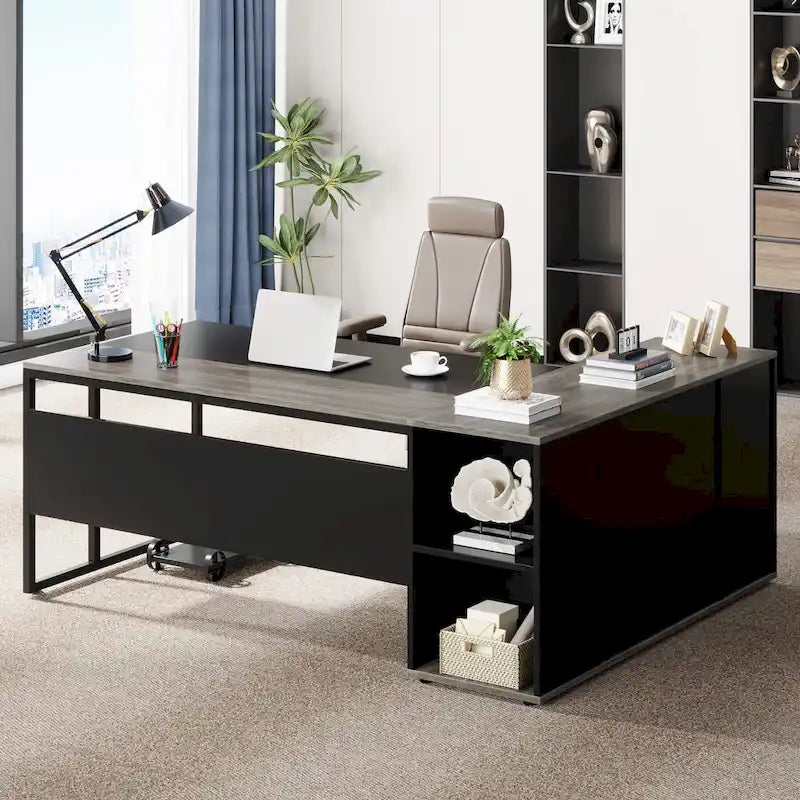 71 inch Executive Desk, L Shaped Desk with Cabinet and Shelves for Home Office