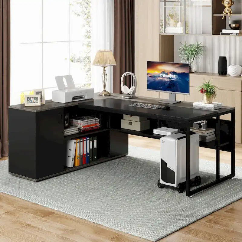 71 inch Executive Desk, L Shaped Desk with Cabinet and Shelves for Home Office