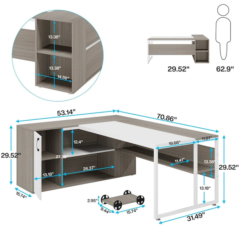 71 inch Executive Desk, L Shaped Desk with Cabinet and Shelves for Home Office