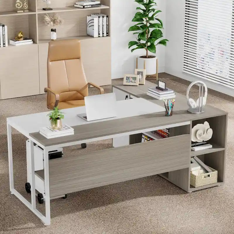 71 inch Executive Desk, L Shaped Desk with Cabinet and Shelves for Home Office