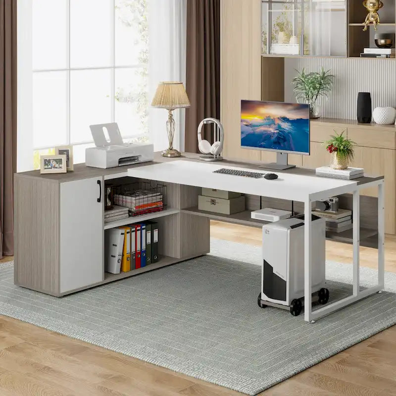71 inch Executive Desk, L Shaped Desk with Cabinet and Shelves for Home Office