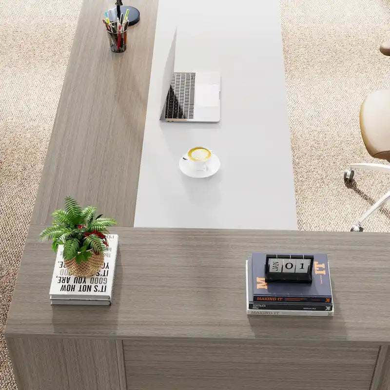 71 inch Executive Desk, L Shaped Desk with Cabinet and Shelves for Home Office