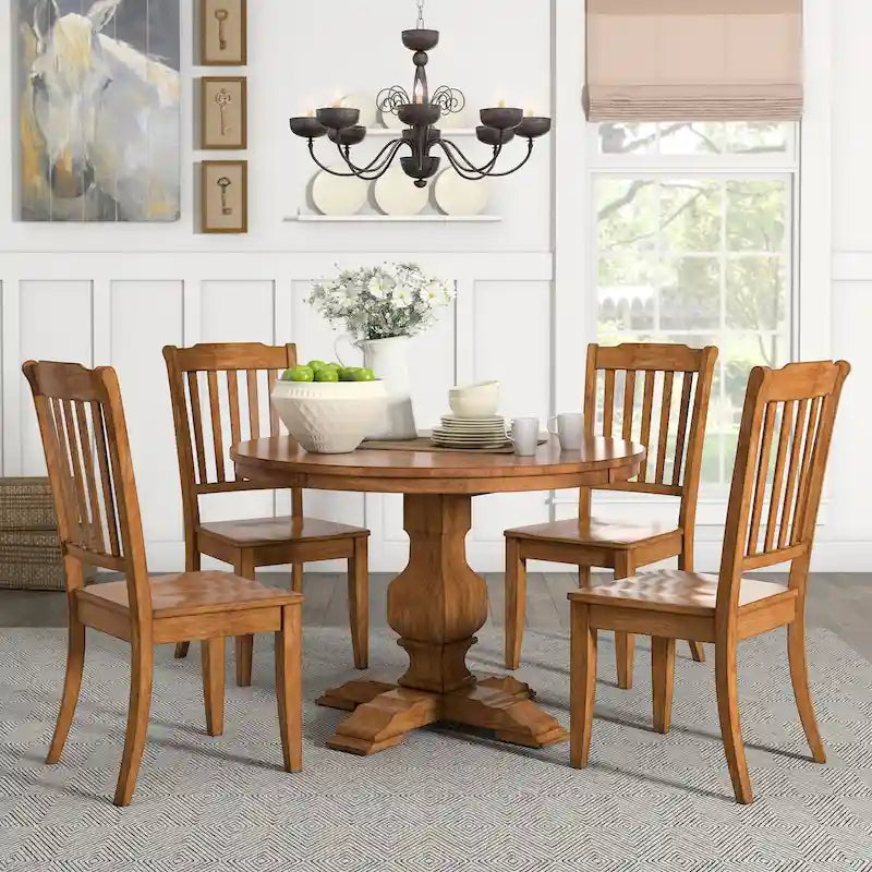 Eleanor Oak Round Solid Wood Top and Slat Back Chairs 5-piece Dining Set by iNSPIRE Q Classic