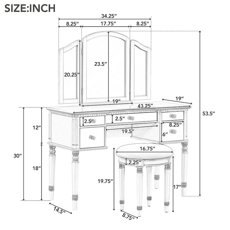 43Makeup Vanity Set with Mirrored Drawers and Stool for Bedroom