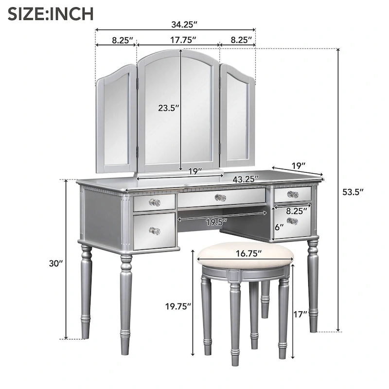 43Makeup Vanity Set with Mirrored Drawers and Stool for Bedroom
