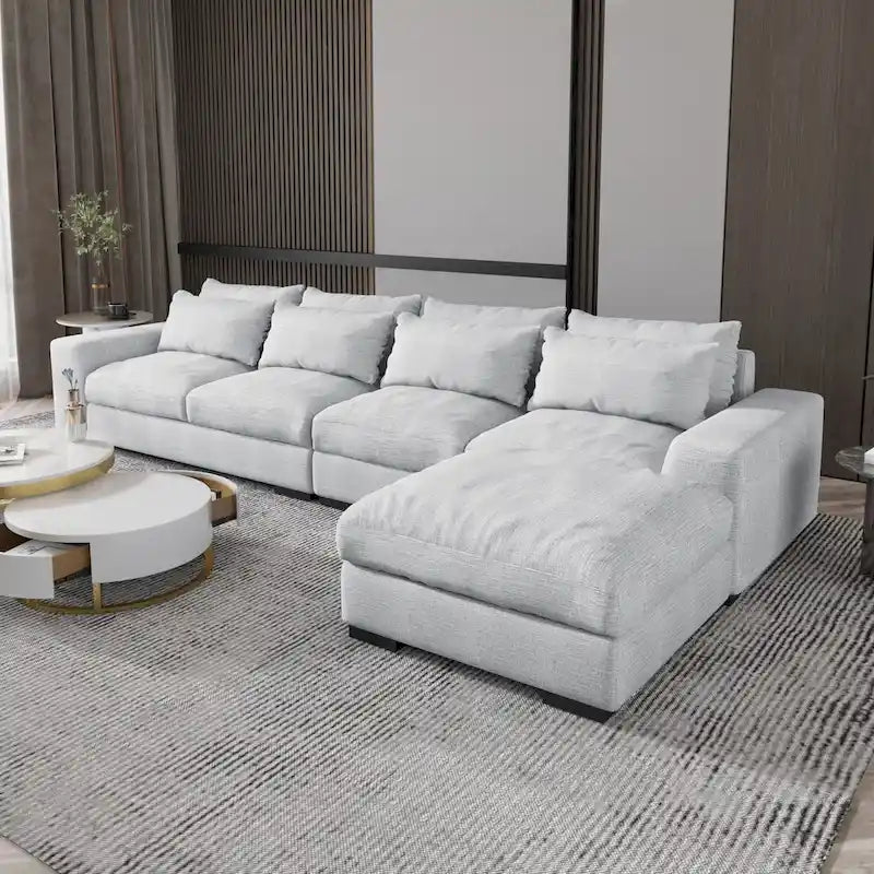 Light Grey Linen Feather Filled L-shaped Reversible Sectional Sofa