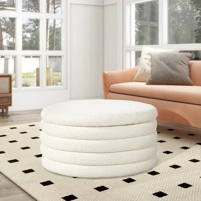 Fuji 36 Boucle Sherpa Round Upholstered Storage Cocktail Ottoman