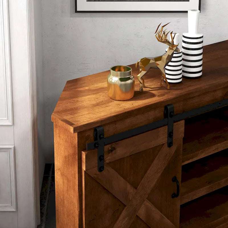 Bridgevine Home Farmhouse 66 inch Corner TV Stand for TVs up to 80 inches, No Assembly Required, Aged Whiskey Finish