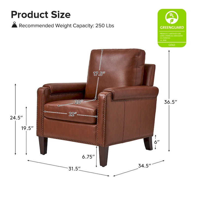 Kunz Transitional Genuine Leather Armchair with Removable Cushion and Nailhead Trims by HULALA HOME