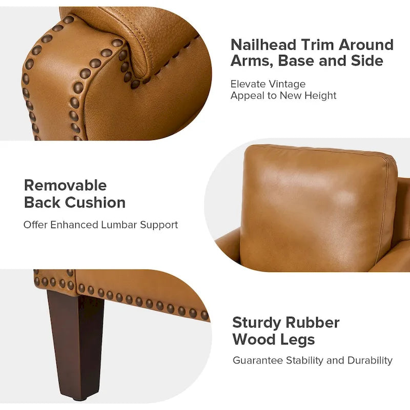 Kunz Transitional Genuine Leather Armchair with Removable Cushion and Nailhead Trims by HULALA HOME