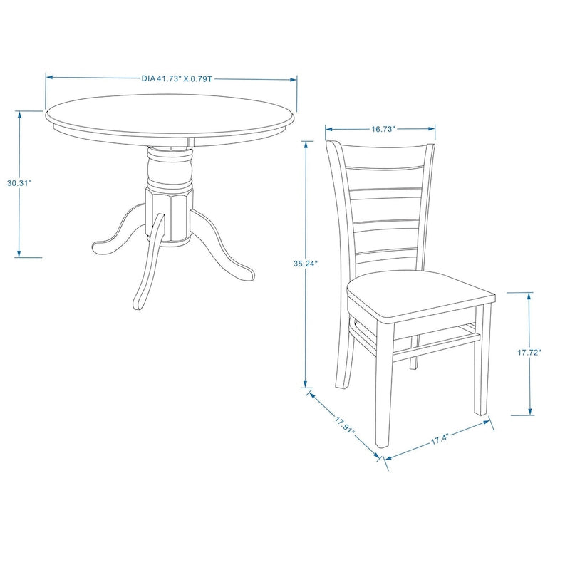 5-Piece Dining Set, 42 Round Pedestal Table and Slat Back Chairs