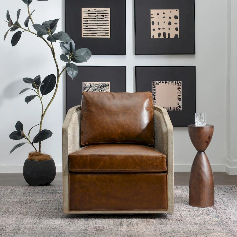 KINWELL 31W Oak Frame Upholstered Swivel Barrel Armchair