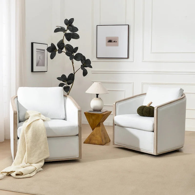 KINWELL 31W Oak Frame Upholstered Swivel Barrel Armchair