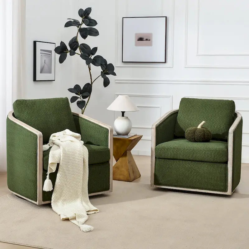 KINWELL 31W Oak Frame Upholstered Swivel Barrel Armchair