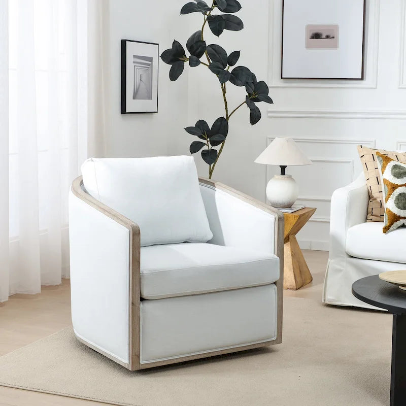 KINWELL 31W Oak Frame Upholstered Swivel Barrel Armchair