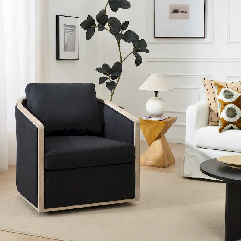 KINWELL 31W Oak Frame Upholstered Swivel Barrel Armchair