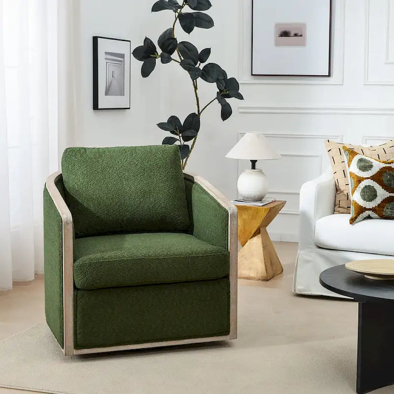 KINWELL 31W Oak Frame Upholstered Swivel Barrel Armchair