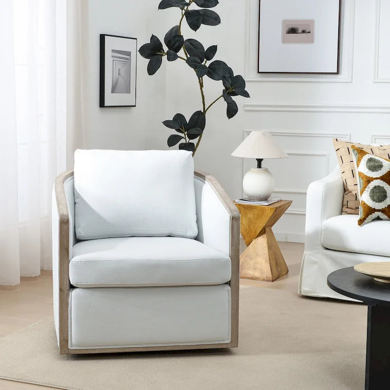 KINWELL 31W Oak Frame Upholstered Swivel Barrel Armchair